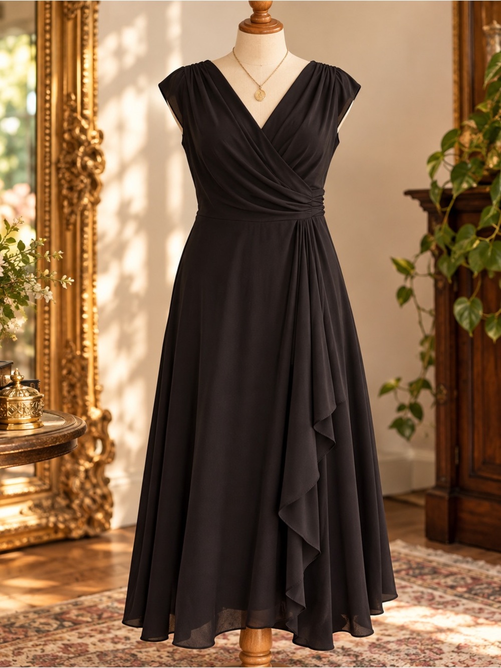 Lauren Ralph Lauren Black Wrap Dress Size 16 Ruched Draped Midi Cocktail Formal